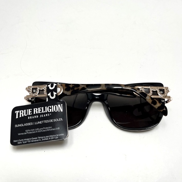 New TRUE RELIGION Leopard Cat Eye Rhinestones Sunglasses Acetate Logo Gold
